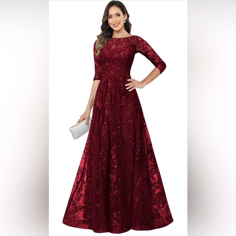 Elegant Burgundy Lace embroidered sequin Evening Gown Sz 8